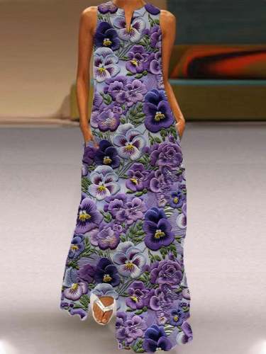 Women's Pansy Floral Pattern Print Dress