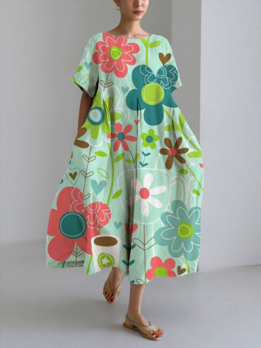 Women's Casual Cute Flowers Print Loose Round Neck Medium Length Skirt Dress