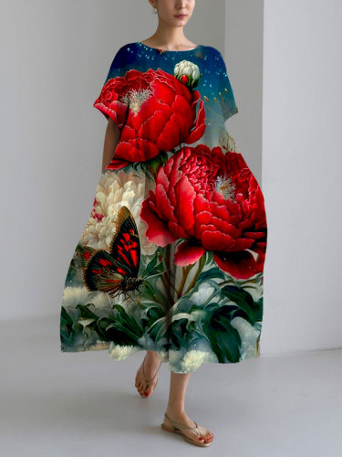 Women's Casual Flowers and Butterflies Print Loose Round Neck Medium Length Skirt Dress