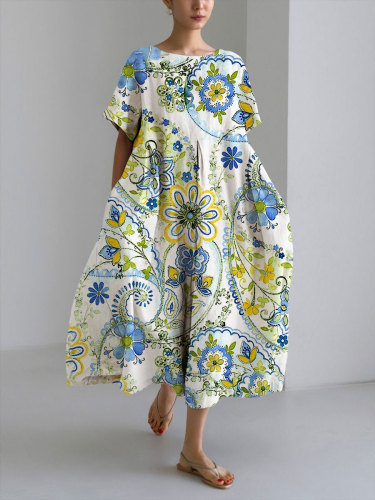 Women's Casual Ethnic Retro Floral Print Loose Round Neck Medium Length Skirt Dress