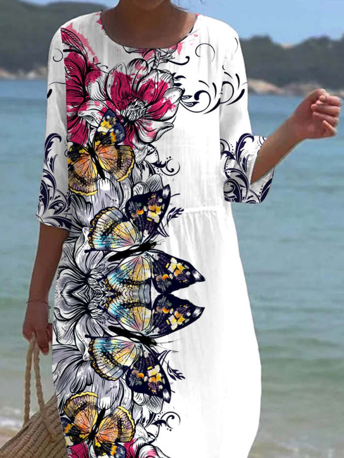 Women's Floral Butterfly Pattern Resort Dress