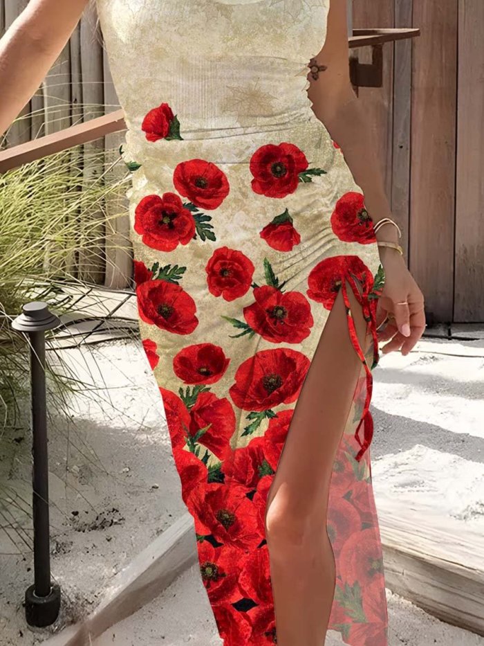 Women's Vest Floral Resort Print Knitted Drawstring Dress