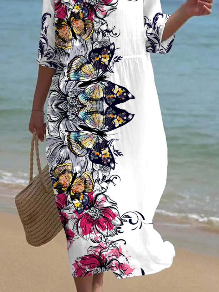Women's Floral Butterfly Pattern Resort Dress
