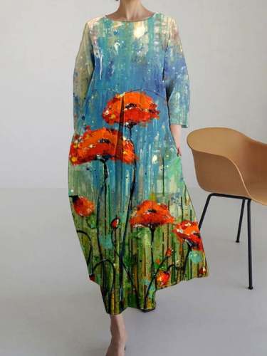 Women's Oil Painting Floral Print  Casual Cotton Linen Dress