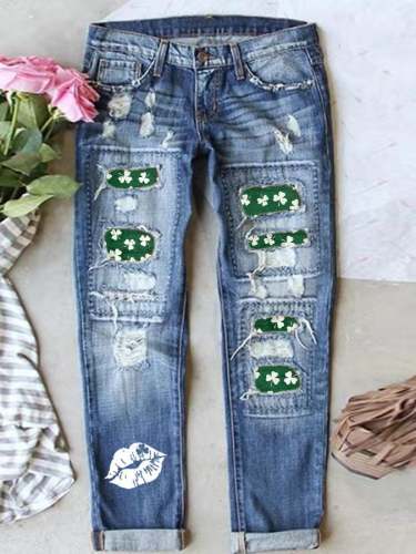 Women's St. Patrick's Day Lucky Shamrock Washed Straight Jeans