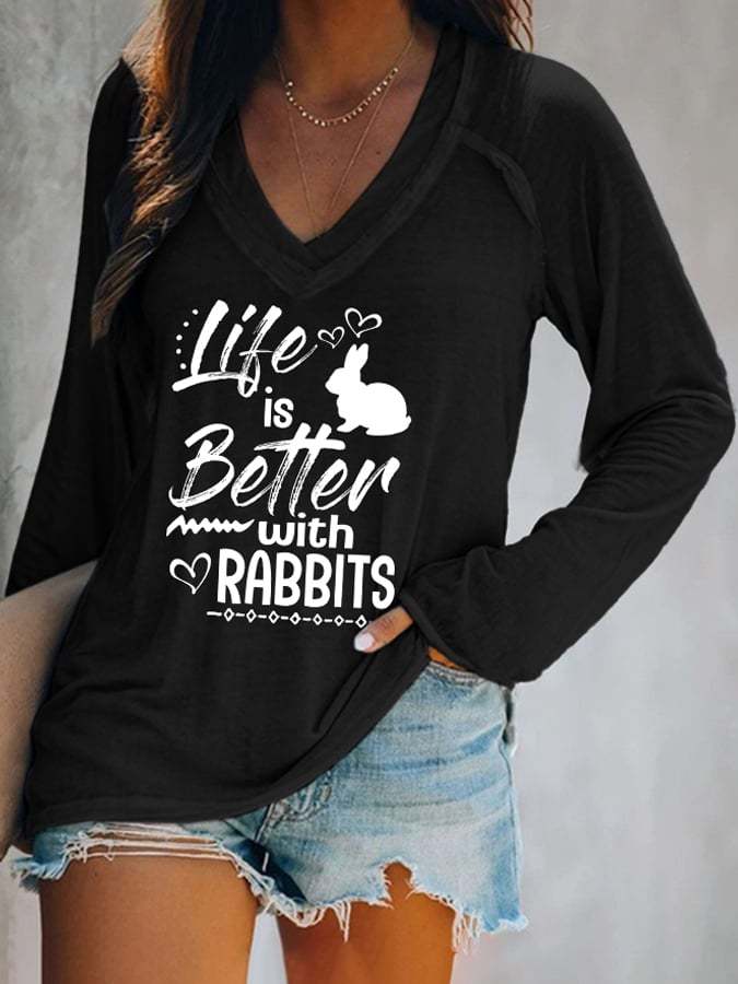 V-neck Easter Life Is Better With Rabbits Print T-Shirt
