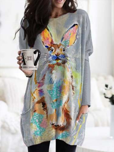 Women's Easter Oil Painting Bunny Print Long Pocket Top