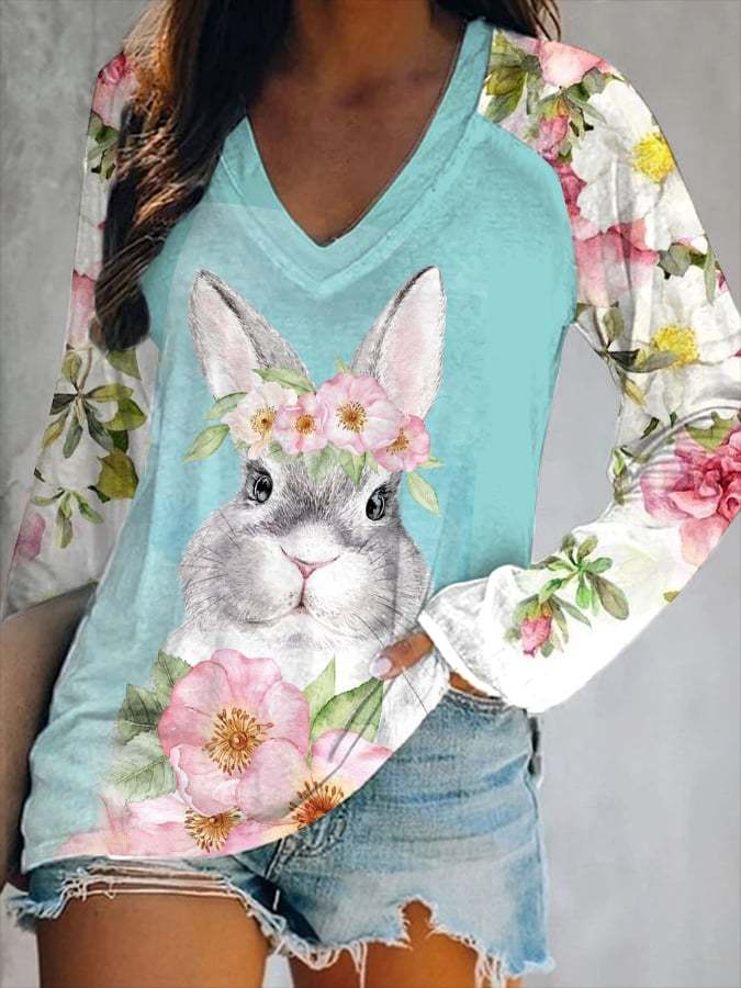 Women's Vintage Festival Floral Rabbit Print V-Neck Long Sleeve T-Shirt