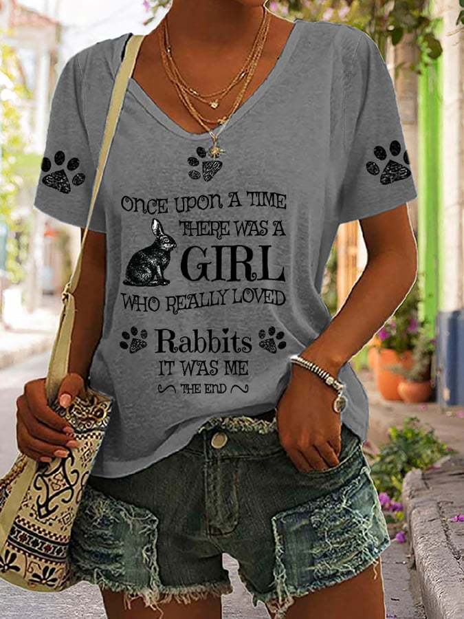V-neck Retro Once Upon A Time There Was A Girl Who Really Loved Rabbits It Was Me The End Print T-Shirt