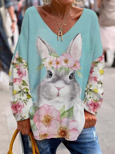 Women's Easter Floral Bunny Print V-Neck Slit Top