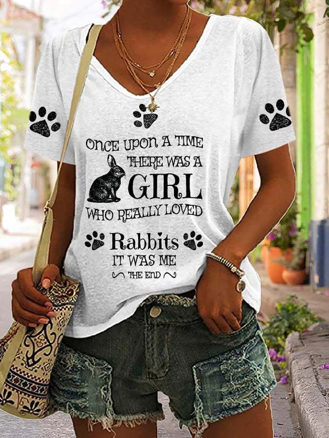 V-neck Retro Once Upon A Time There Was A Girl Who Really Loved Rabbits It Was Me The End Print T-Shirt