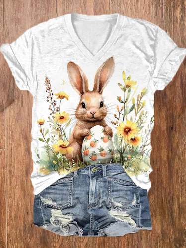 Women's Easter Cute Bunny And Egg Print Casual V-Neck Tee