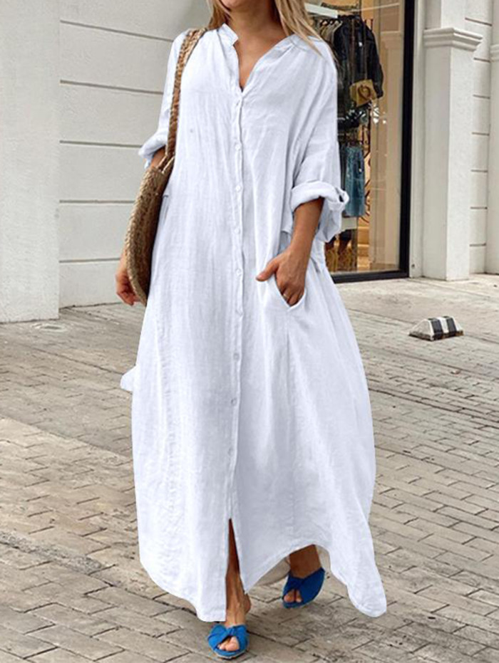 Casual Plain Single Breasted Pocket Long Sleeve Loose Maxi Dress