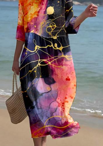 Women's Watercolor Splash Ink Fluid Art Print Resort Style Dress