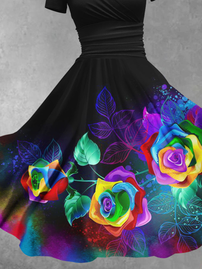 Women's Rainbow Gradient Rose Flowers Art Print Design Maxi Dress
