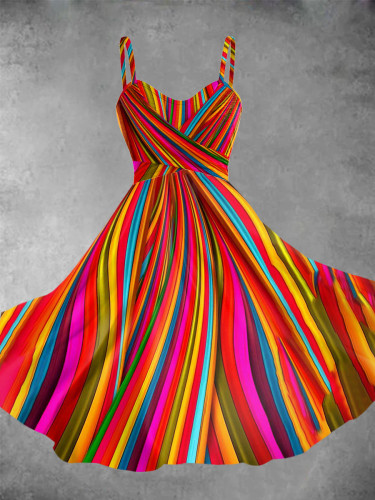 Women's Retro Rainbow Stripe Print  Dress