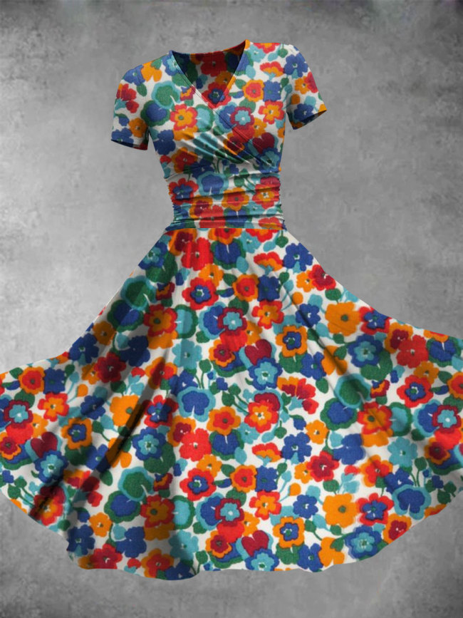 Women's Vintage Flower Art Print Maxi Dress