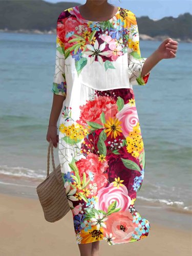 Women's Watercolor Floral Print Resort Dress
