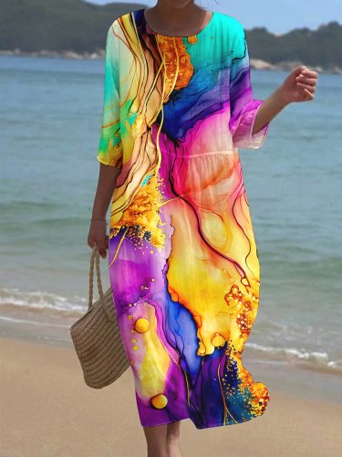 Women's Floral Alcohol Ink Art Printed Casual Holiday Dress