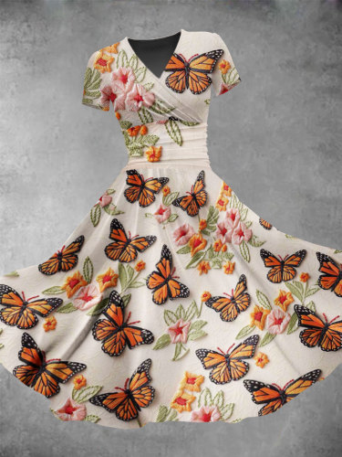 Women's Vintage Butterfly Flower Seamless Print Maxi Dress
