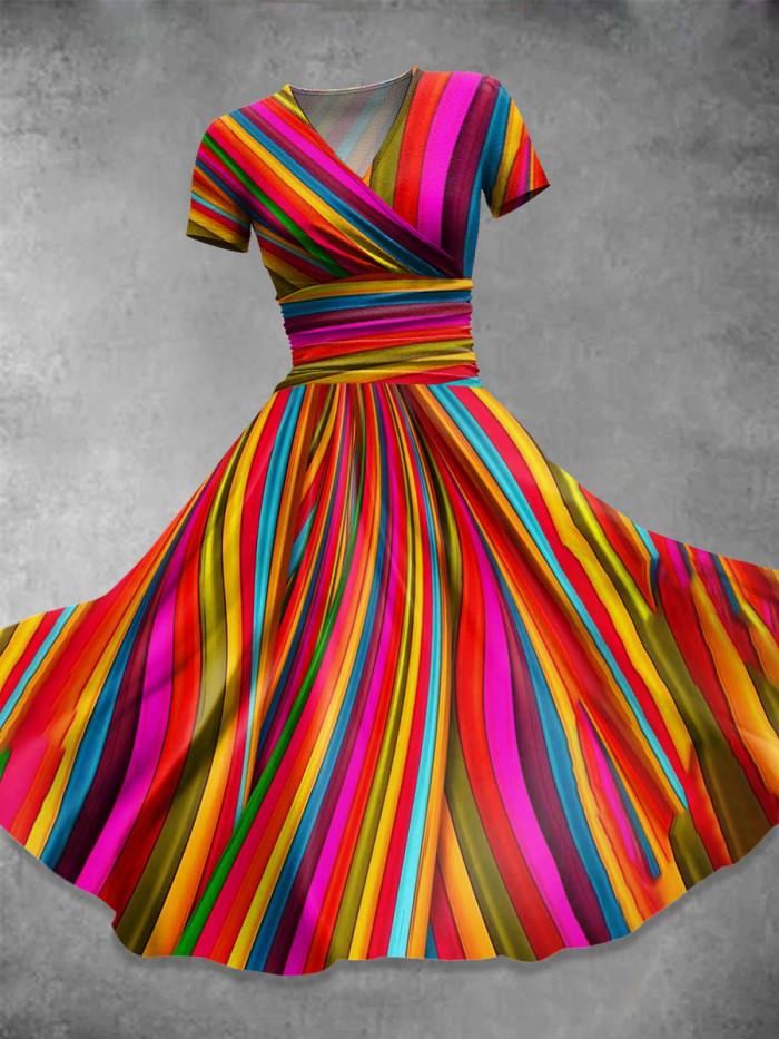 Retro Rainbow Stripe  Print Casual Dress