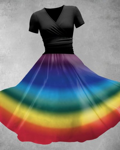 V Neck Rainbow Gradient Casual Maxi Dress