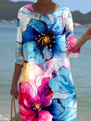 Women's Floral Alcohol Ink Art Printed Casual Holiday Dress