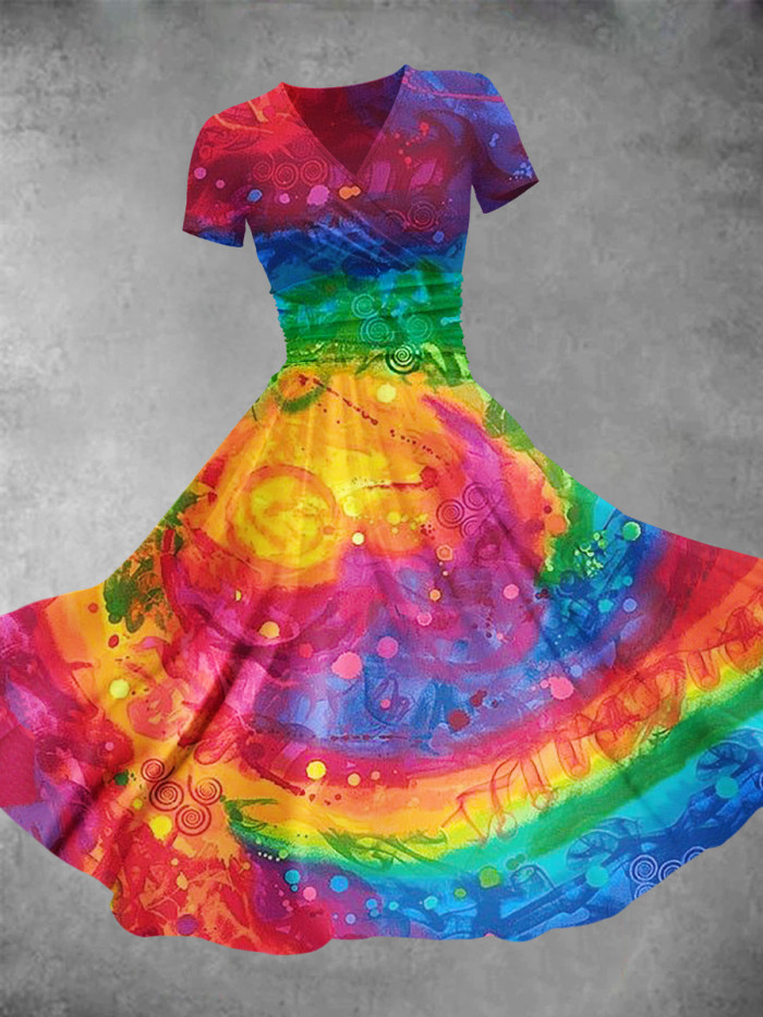 Women's Rainbow Color Swirl Pattern Printed Maxi Dress