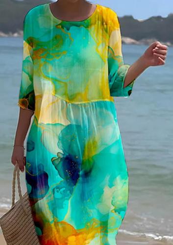 Women's Watercolor Splash Ink Fluid Art Print Resort Style Dress