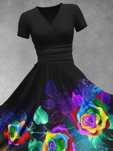 Women's Rainbow Gradient Rose Flowers Art Print Design Maxi Dress