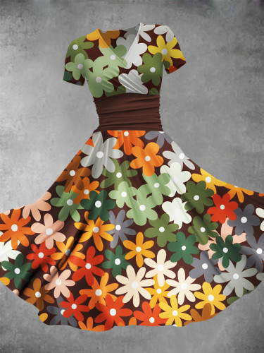 Women's Retro Multicolor Flowers Art Print Maxi Dress