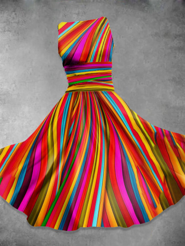Women's Retro Rainbow Stripe Print  Maxi Dress