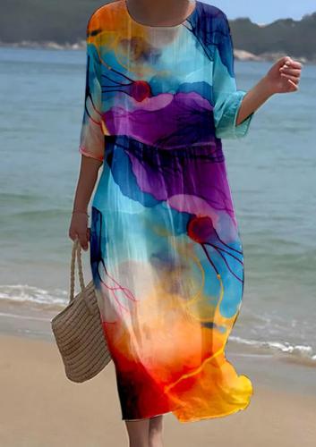 Women's Watercolor Splash Ink Fluid Art Print Resort Style Dress