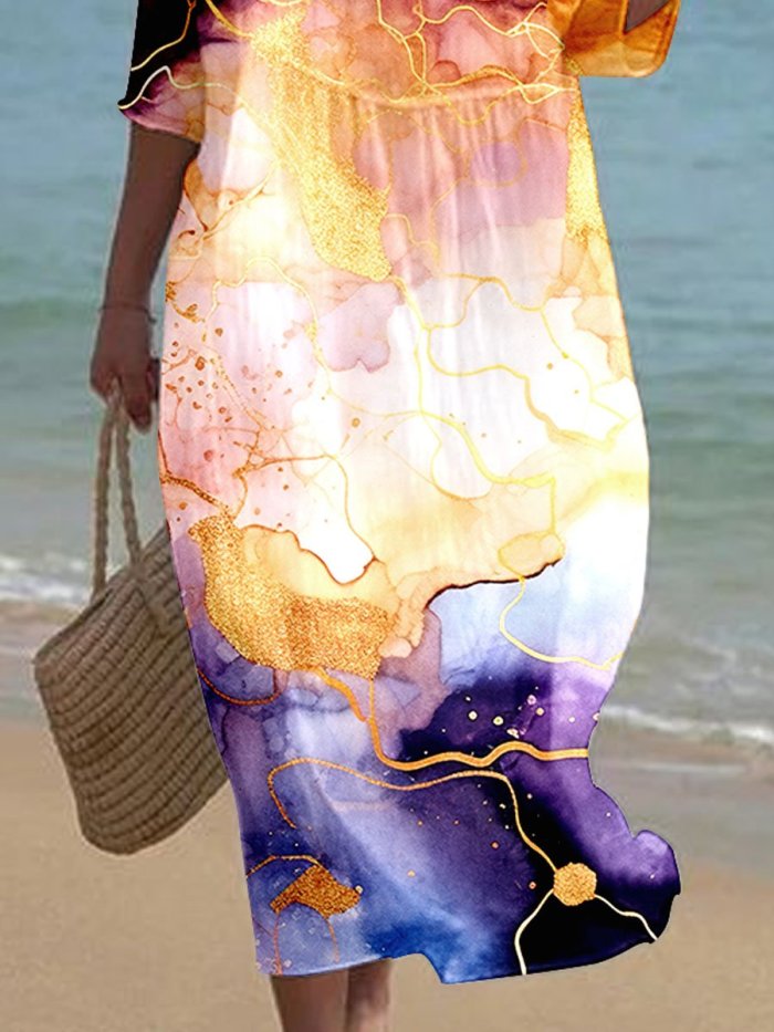 Women's Watercolor Splash Fluid Art Print Flowy Dress