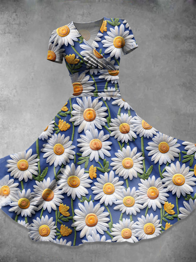 Daisy Embroidery Art Print Casual Dress