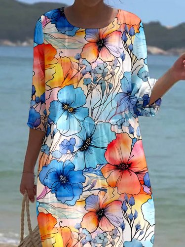 Women's Floral Alcohol Ink Art Printed Casual Holiday Dress