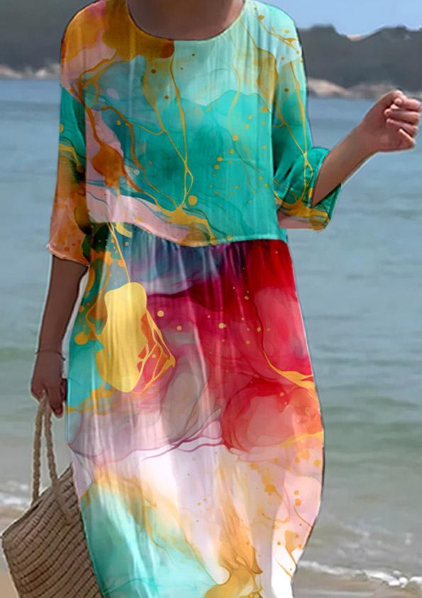 Women's Watercolor Splash Ink Fluid Art Print Resort Style Dress
