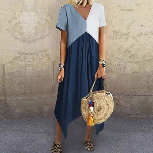 Irregular Contrast Color V-neck Loose Stitching Casual Dress