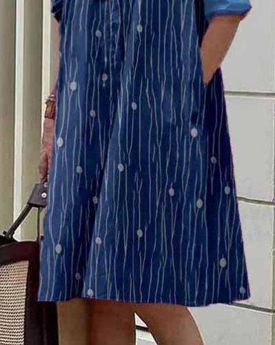 Striped Polka Dot Collar Long Sleeve Pocket Mid-Length Dress