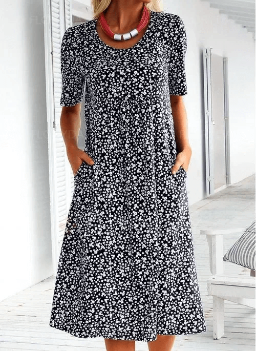 Plus Size Casual Women Cotton Scoop Neck Floral Dress (8 Colors with Pockets)