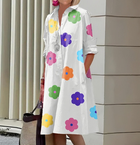 Summer Flower Printed Shirt Midi Dress