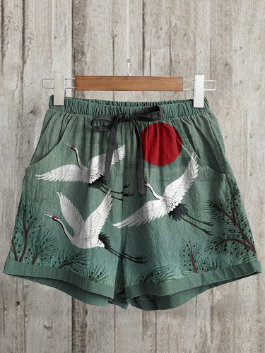 Japanese Art Crane Pattern Loose Casual Shorts