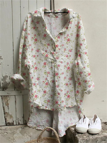 Cottage Floral Oversized Button Down High Low Tunic
