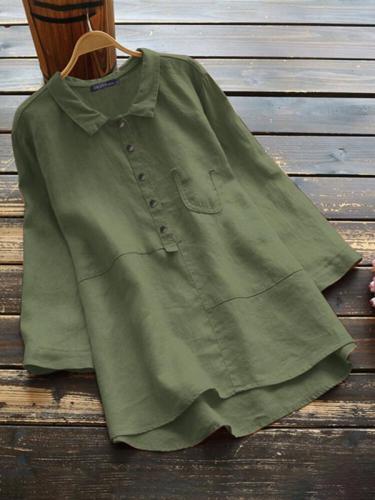 Casual Solid Color Shirt Lapel Collar Long Sleeve Cotton Blouse