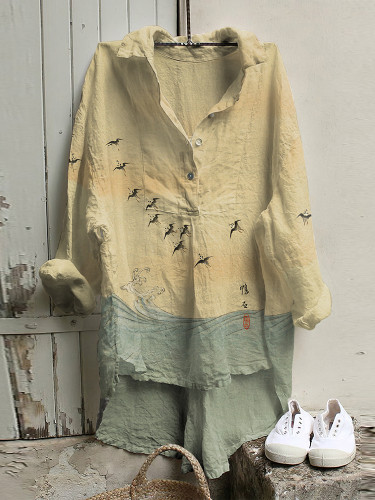 Vintage Japanese Bird Wave Art Print Cotton Blend Casual Long Sleeve Shirt
