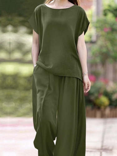 Minimalist Solid Color Short Sleeve Loose Shirt & Wide Leg Pants 2Pcs Set