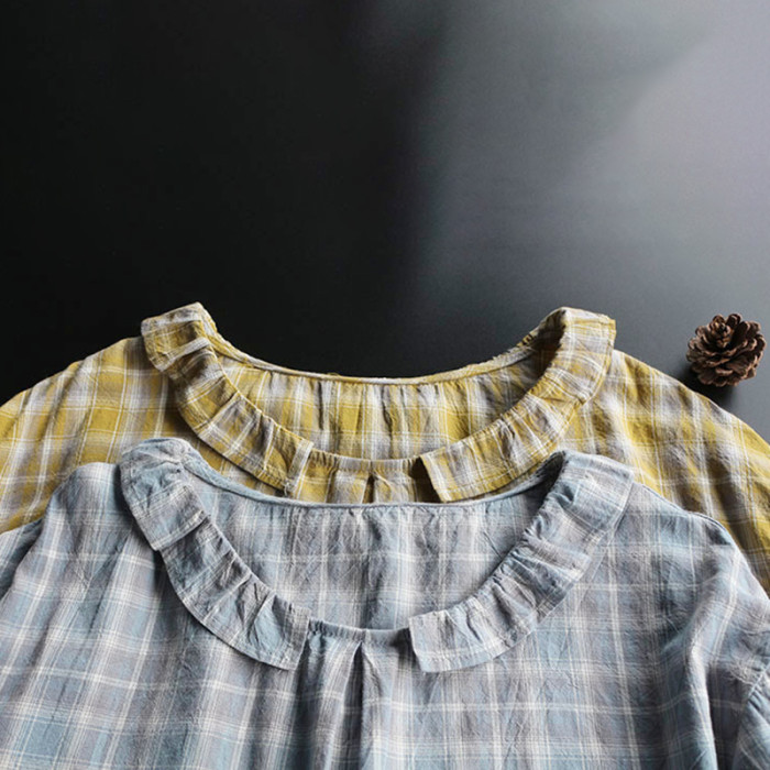 Vintage Flounce Plaid Cotton Linen Round Neck Comfy Shirt