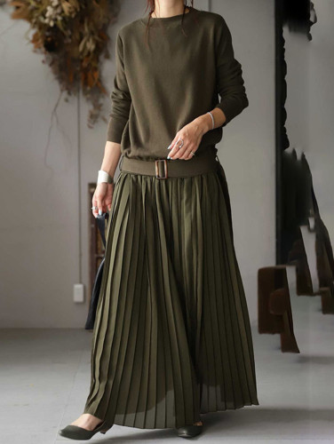 Stylish Long Sleeve Splice Drop-Waist Belted Pleated Maxi Dress