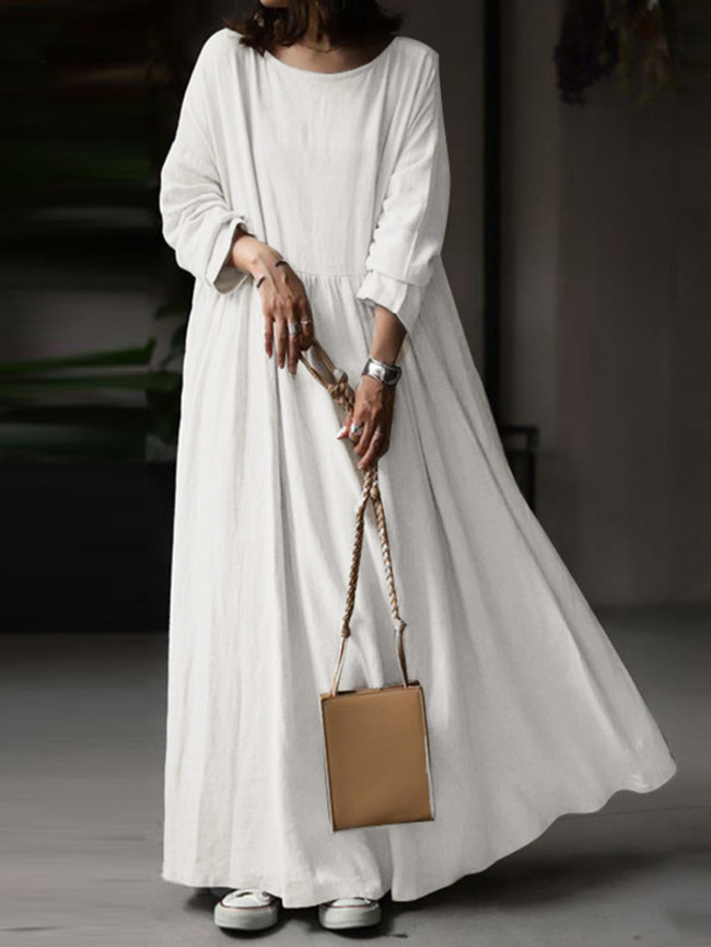 Daily Crew Neck Long Sleeve Pocket Solid Loose Maxi Dress