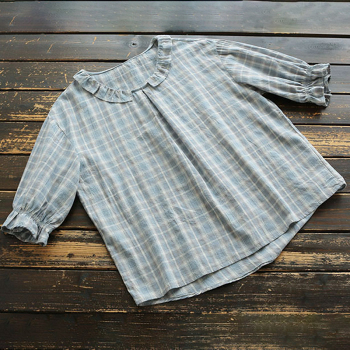 Vintage Flounce Plaid Cotton Linen Round Neck Comfy Shirt